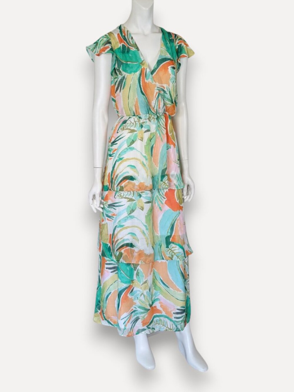 Julia Jordan NWT Tropical Pleated Tiered Maxi Dress Green Multi Size 10